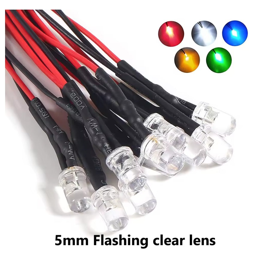 12V FLASHING Pre-wired Quality Bright LED 5mm take 5V 9V 12V various colours