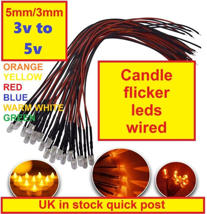 Candle Flicker 3mm 5mm 3V 5V clear lens wired quality LEDS models etc UK stock