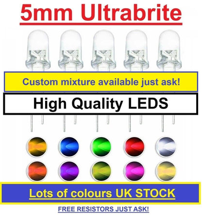 Super Bright LEDs 5mm Red/Blue/Green/White/Yellow Clear Bulb MIX IF YOU WANT