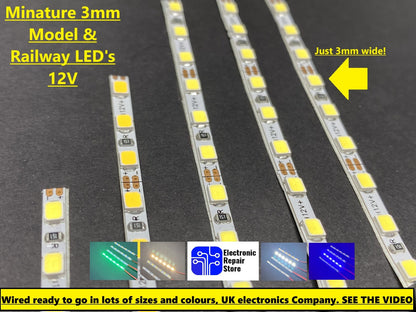 Miniature 12v 3mm LED Strip Thin For Models Railways Colours Warm Cool White UK