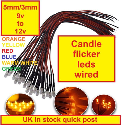 Candle Flicker 3mm 5mm 9V 12V clear lens wired quality LEDS models etc UK stock