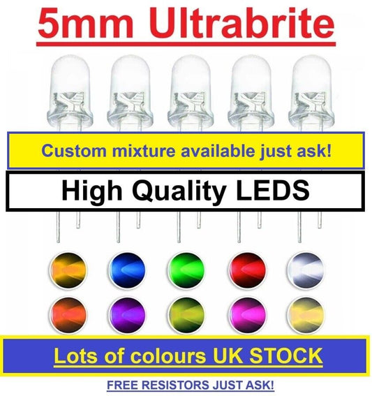 Super Bright LEDs 5mm Red/Blue/Green/White/Yellow Clear Bulb MIX IF YOU WANT