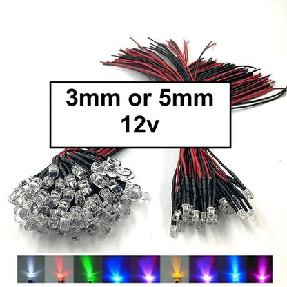 12V Pre-wired Quality Bright LED 3mm 5mm take 5V 9V 12V various colours