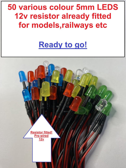 50 12v LEDS 5mm for Railways Models Dioramas etc ready to go bargain sets