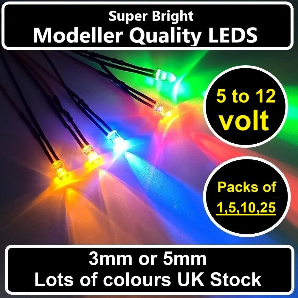 12V Pre-wired Quality Bright LED 3mm 5mm take 5V 9V 12V various colours