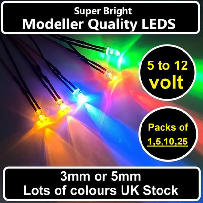 12V Pre-wired Quality Bright LED 3mm 5mm take 5V 9V 12V various colours