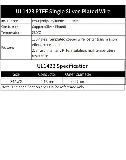 AWG34 Super Fine Single Core 20M PTFE Silver Plated Copper Wire UL1423 High