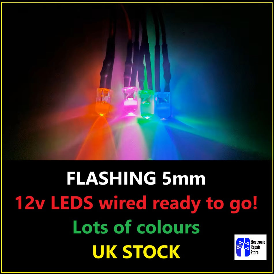 12V FLASHING Pre-wired Quality Bright LED 5mm take 5V 9V 12V various colours