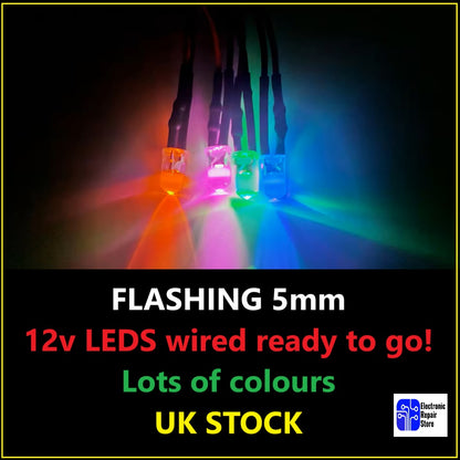 12V FLASHING Pre-wired Quality Bright LED 5mm take 5V 9V 12V various colours