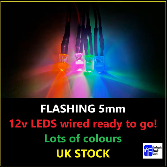 12V FLASHING Pre-wired Quality Bright LED 5mm take 5V 9V 12V various colours