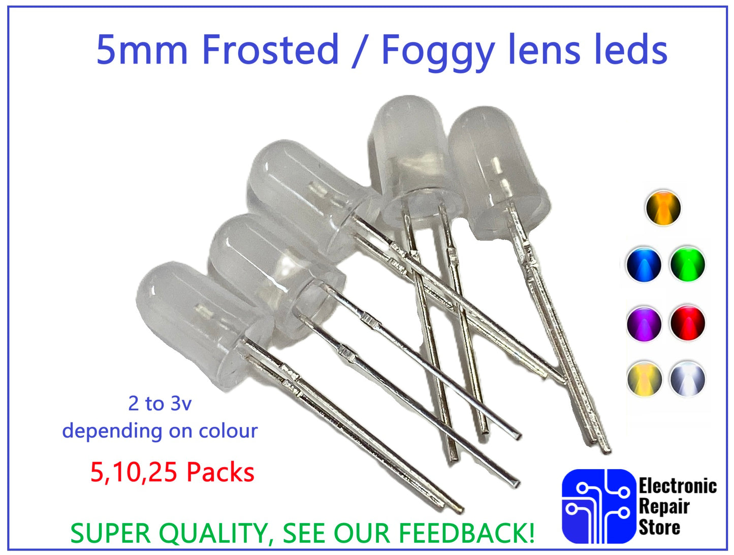 5mm Quality frosted foggy milky lens leds 2V to 3V packs 5 10 25 free post