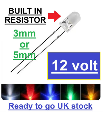 12V 3mm 5mm super bright clear lens LED with built in resistor for models trains