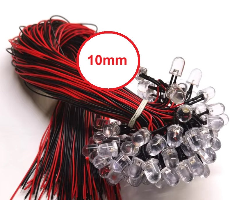 12V Pre-wired Quality Bright LED 10mm take 5V 9V 12V various colours