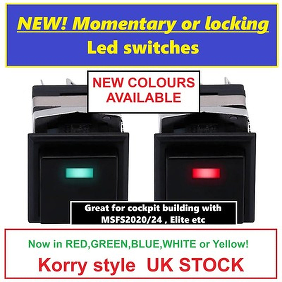 KD2-22 Momentary or locking button LED square push lots of colours Flightsim
