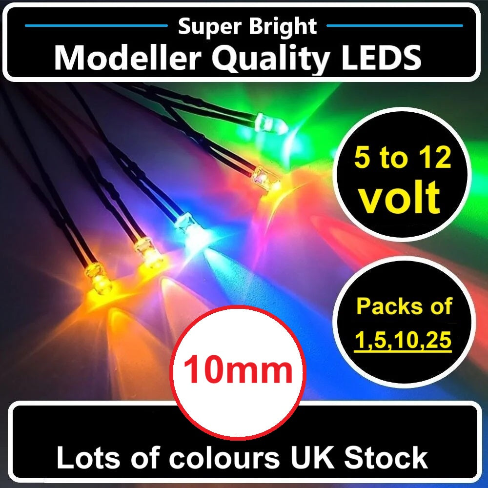 12V Pre-wired Quality Bright LED 10mm take 5V 9V 12V various colours