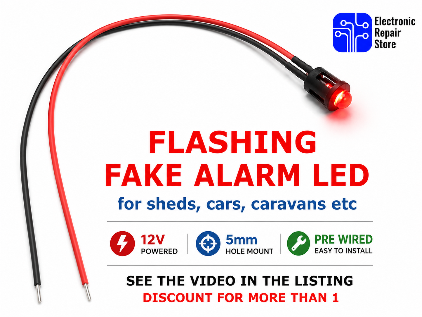 12V Flashing Fake Alarm LED + Bezel | Dummy Security Light Car Van Shed Caravan