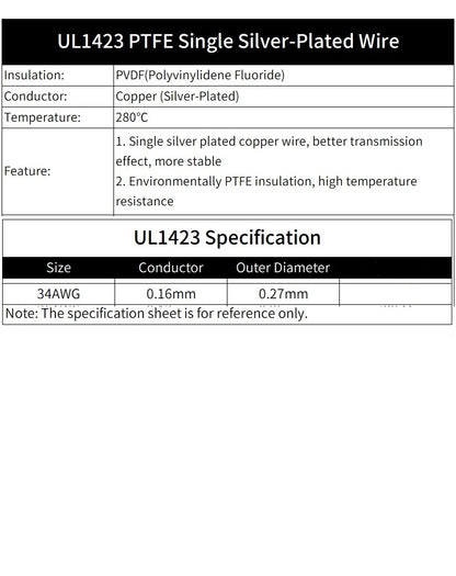 AWG34 Super Fine Single Core 20M PTFE Silver Plated Copper Wire UL1423 High Temperature Electronic DIY